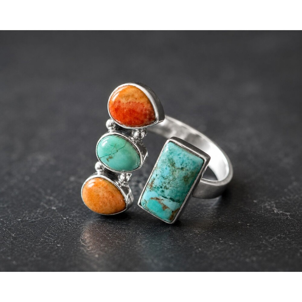 Sterling Silver Turquoise & Spiny Oyster Southwestern Bypass Statement Ring